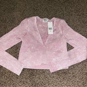Long Sleeve Top Ribbed VNeck Cropped Half Shirt L